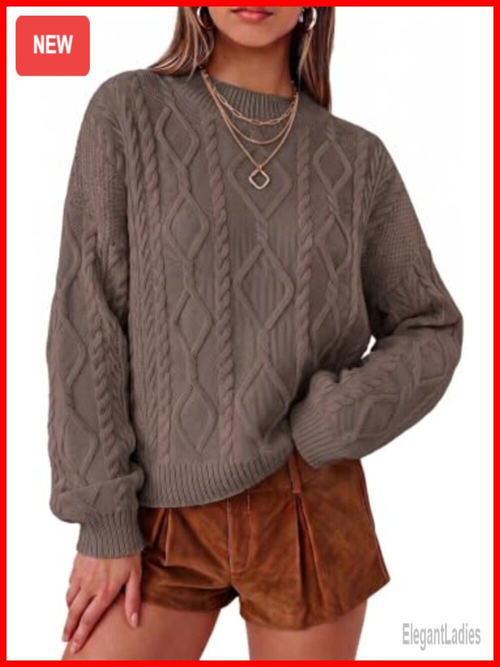 Oversized Cropped Cable Knit Cotton Sweater Pullover Crewneck